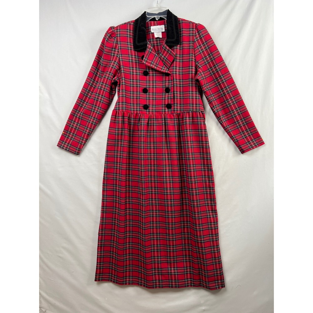 Miss Dorby Plaid Dress Womens 12 Red Velvet Collar Double Breasted Maxi Vintage